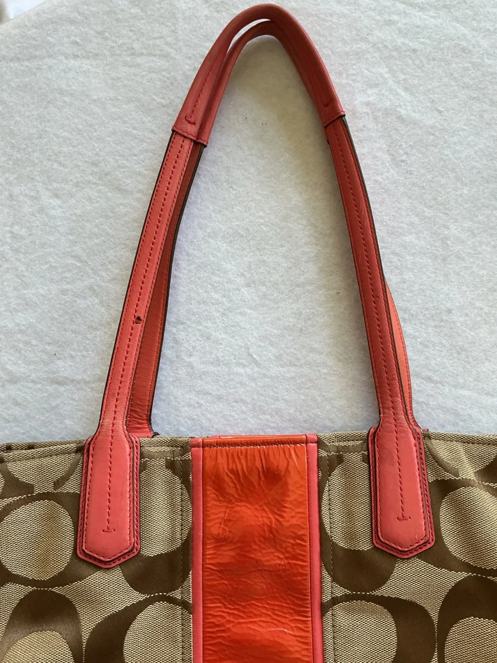 Coach Chelsea Signature Stripe Charlie Tote Khaki Coral‎ Patent Leather Bag